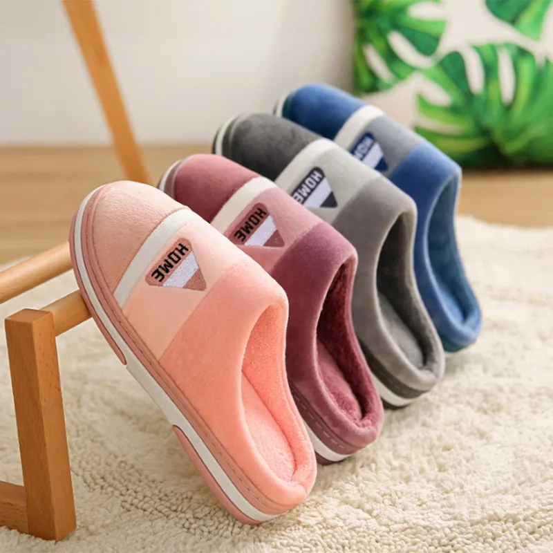 Classic Men Slippers Winter Warm Cotton Slippers For Men Home Wear-Resistant Stripe Non-slip Indoor Slides Couple Women Shoes