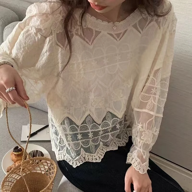 REALEFT Summer Bohemian Crochet Women\'s Tops 2024 New Hollow Out Long Sleeve O-Neck Casual Korean Beach Tops Female