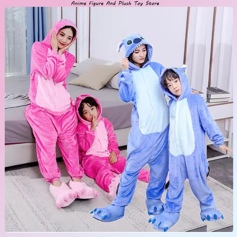 Anime Stitch Family Look kostiumy Cosplay kobiety mężczyźni kombinezon kreskówkowy dorośli śliczna flanelowa piżama z kapturem Onesie świąteczna sukienka