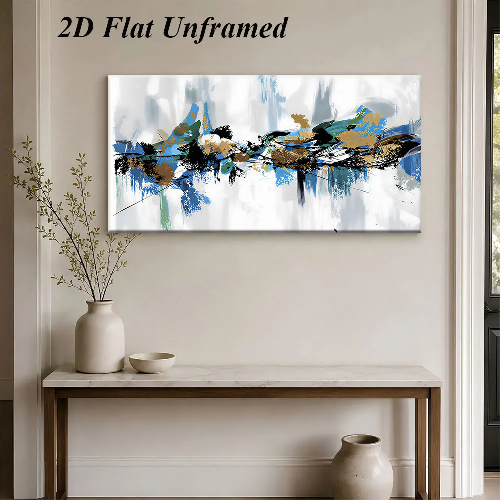 1 modern abstract art frameless decorative painting, blue, gold, black abstract brushstrokes, living room, bedroom, foyer, moder
