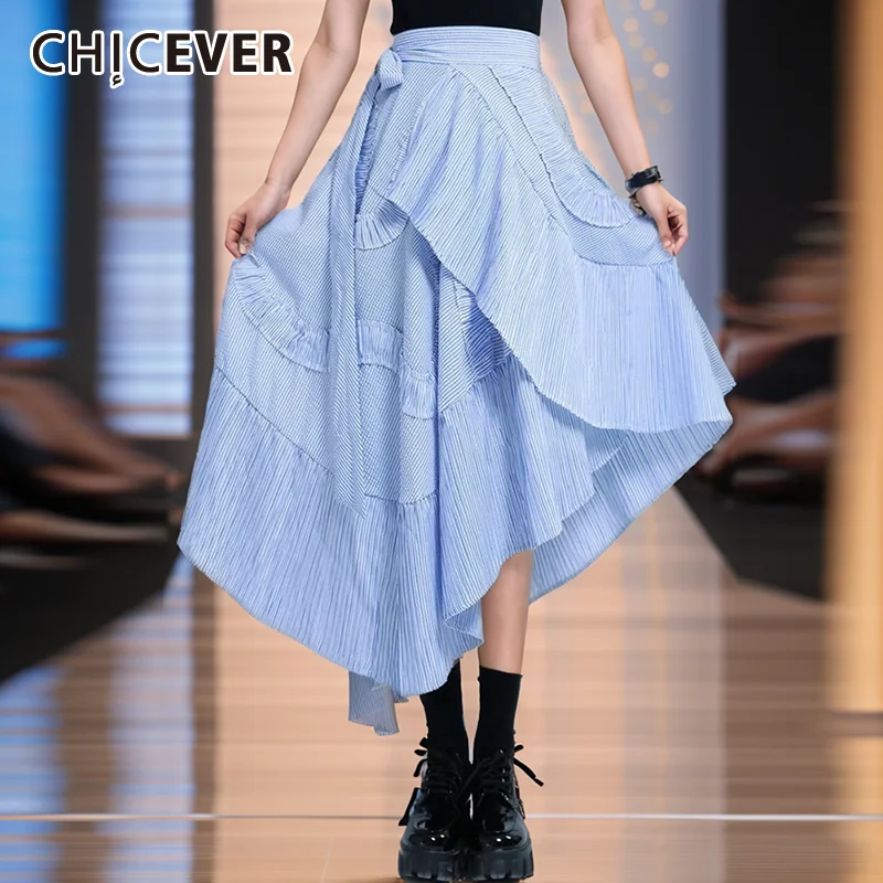 

CHICEVER Elegant Striped Spliced Ruffle Kirt For Women High Waist A Line Irregular Hem Casual Skirts Female Clothes Summer New