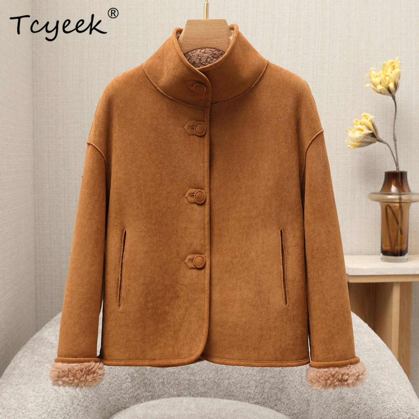 Tcyeek 100% ウールジャケット レディース 冬服 ファッション シープシアリングコート ラムウールファー 新作コート ルーズフィット パルトォ ジェンソーレ