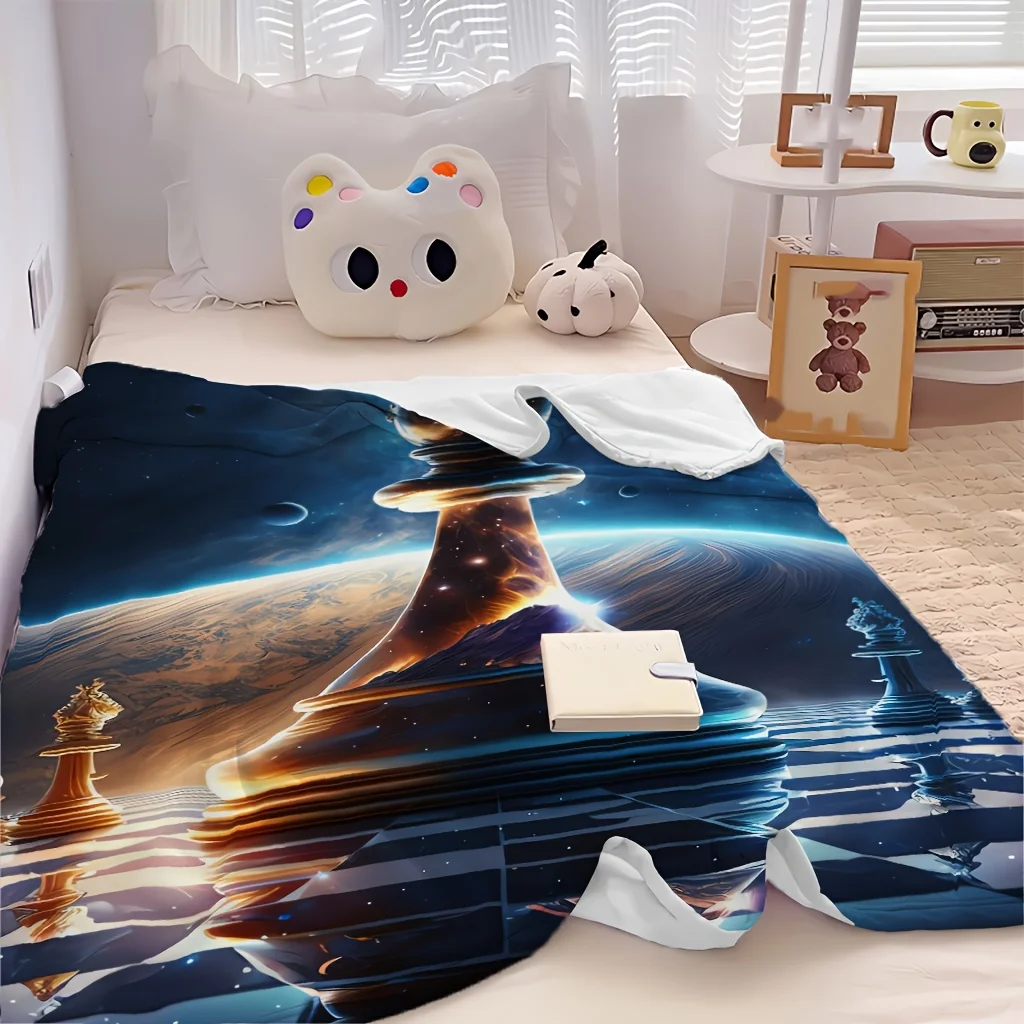 1pc Chess Planet Dark Space Sci-Fi Fantasy Print Flannel Blanket, Portable And Practical, Suitable for Blankets, Bed Covers, Dor