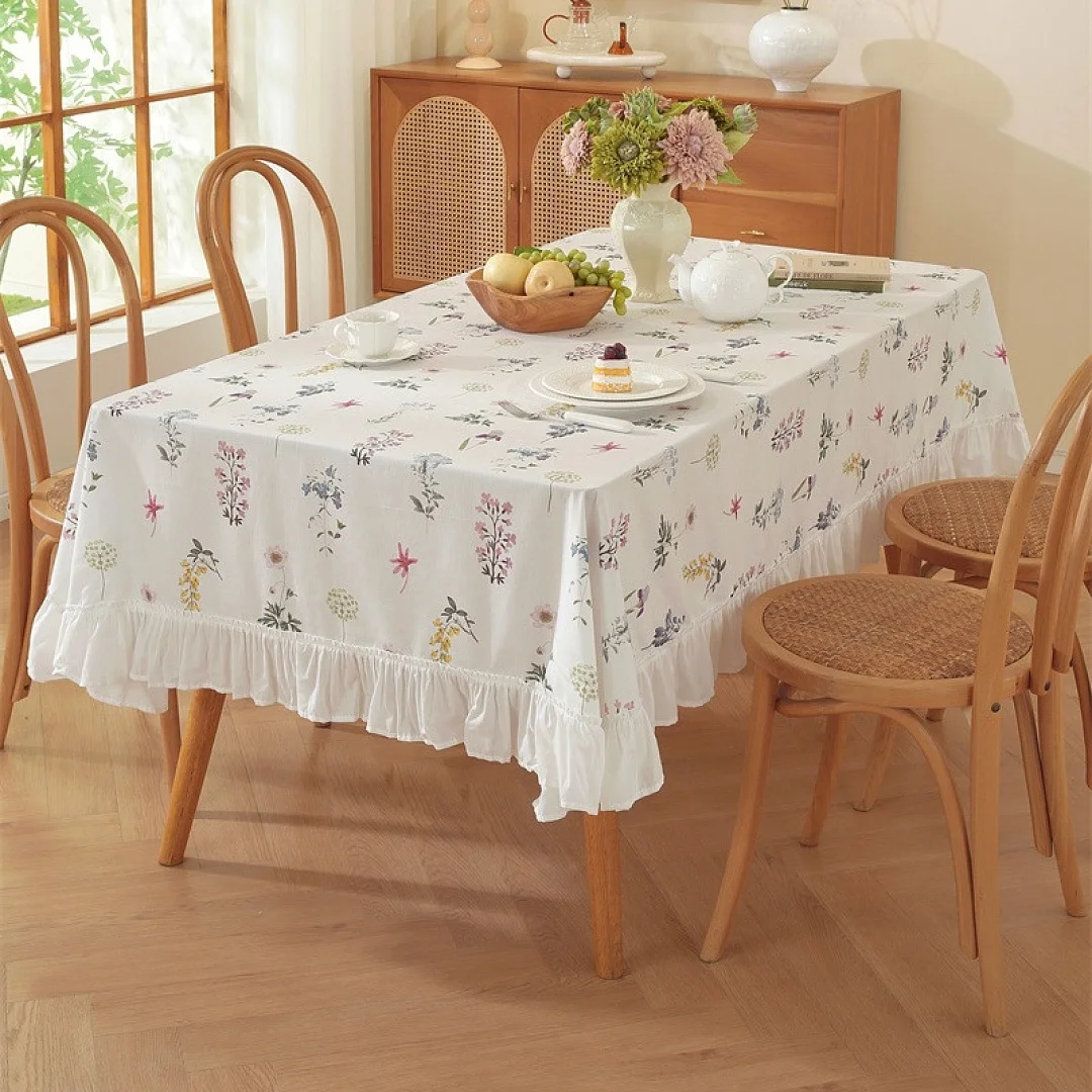 

Cotton Printed Table Cover Embroidery Floral Tablecloth with Ruffle Edge&Tassel Rectangular Table Cloths Home Decor Tablemats