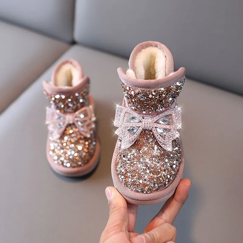 Stivali da neve per ragazze 2022 inverno nuove scarpe per bambini fiocco di strass scarpe in cotone caldo per bambini scarpe da principessa con