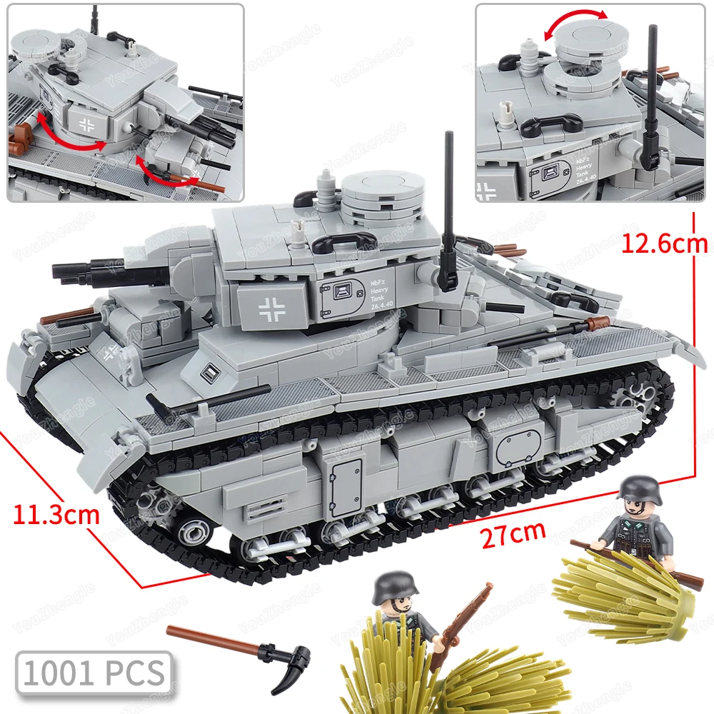 

NbFz Light Gray Heavy Tank Building Block Assembly MOC WW2 Figures Multi-Turret Weapons Equipment Tools Scene Model Gift Boy Toy