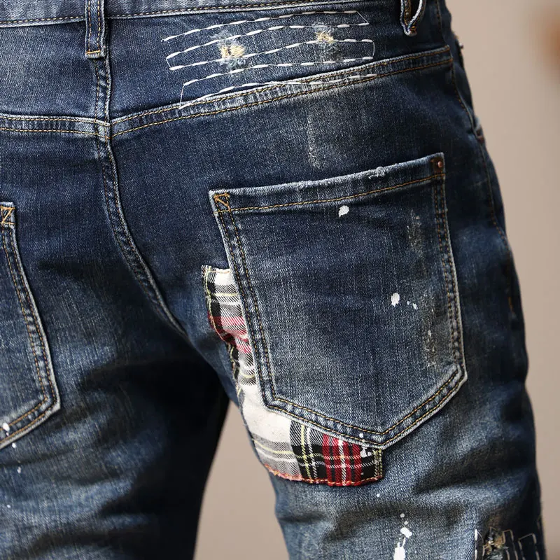 High Street Fashion Men Jeans Retro Blue Stretch Slim Fit Ripped Jeans Men Embroidery Patch Designer Hip Hop Denim Pants Hombre