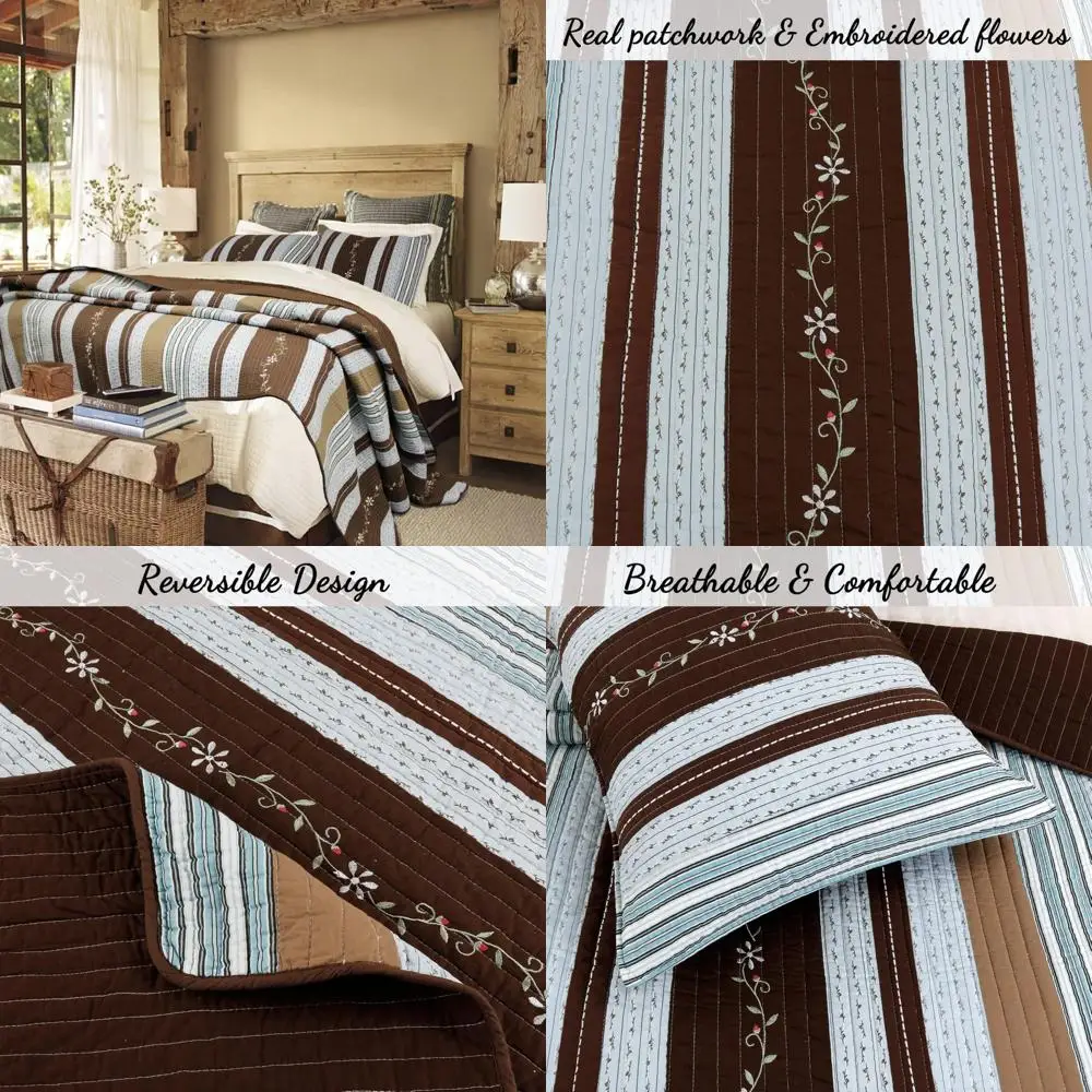

100% Cotton Reversible Quilt Set in Blue and Tan Floral Pattern, King Size Bedding with Brown Stripe Coverlet