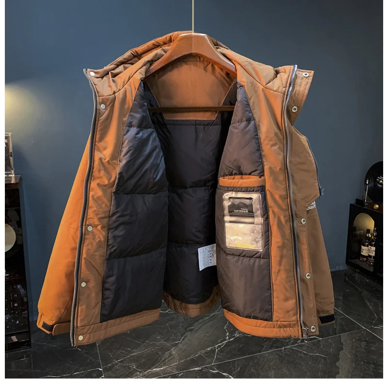 

Outdoor cold resistant hooded down jacket for men's winter trend windproof duck down with added fleece warm jacket