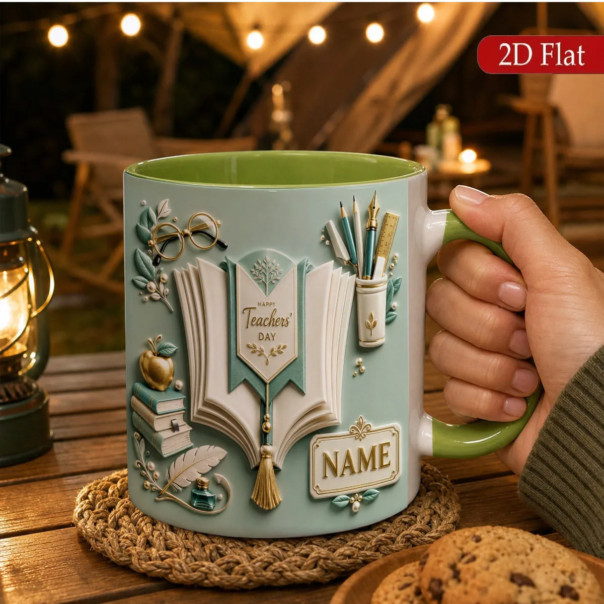 Custom Name Teacher Mug 2D Printing Vintage Education Design Open Book Apple Glasses Gift for Teacher Appreciation Day
