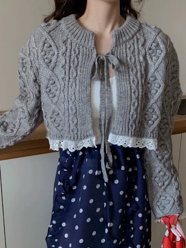 Retro Twist Spiral Knitted Cardigan Women's Unique Lace Thick Long Sleeve Sweater Korean Style Regular Fit Online Exclusive