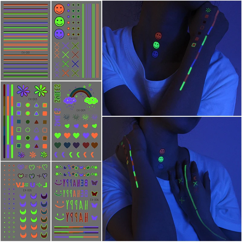 VeeCharm-Tatouages Temporaires au Néon UV, Brille dans la Nuit, Décoration de ixpour Adultes et Enfants, Plusieurs Styles Colorés, 1/36 Feuilles