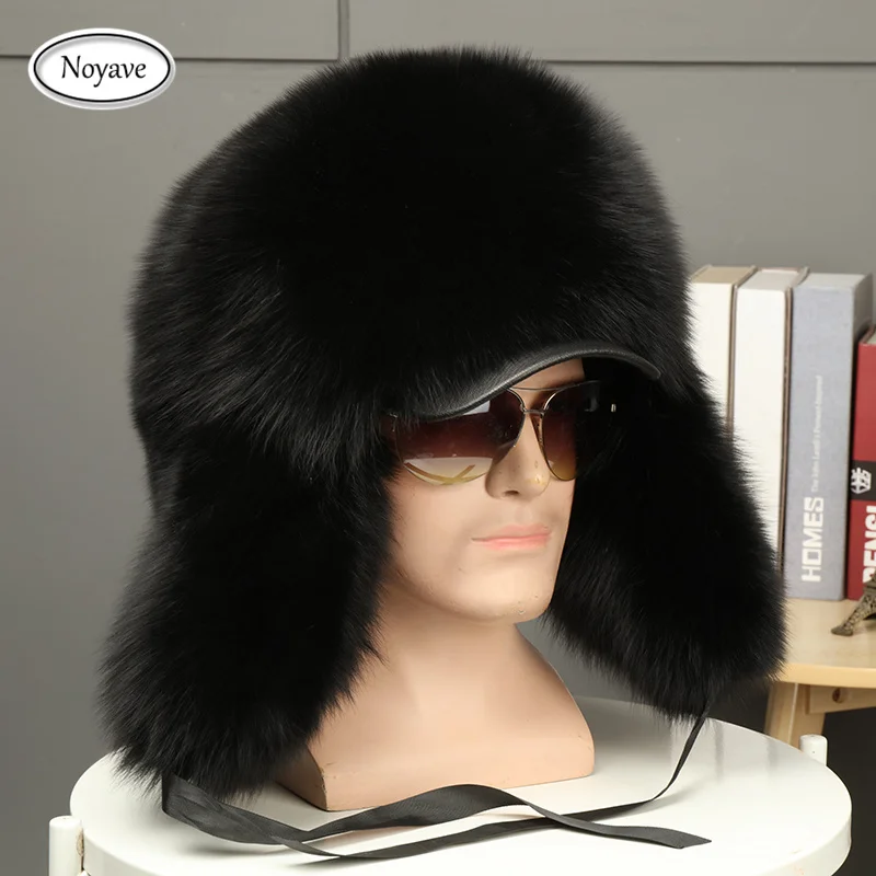 Luxury Fur Hats for Men\'s Lei Feng Cap Aviator Bombr Warm Cap Man Aki Hats 100% Fox/Raccoon Fur Hat Caps Real Leather