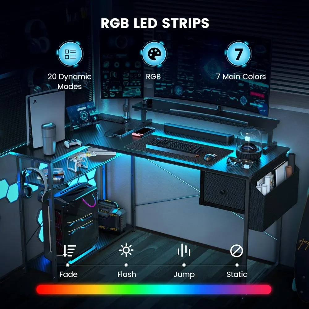 Gaming table, 47" L-shaped gaming table, computer desk with LED lights and adjustable stand, power socket, storage drawer