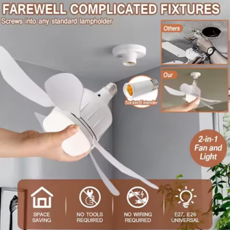 2026 New 20.5in Cordless Screw Fan Light, E26/E27 Socket LED Ceiling Fan with Remote Control for Apartment