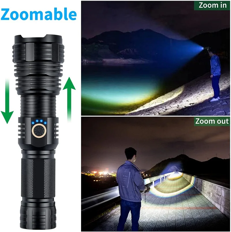 Potente linterna LED XHP70/XHP50, linterna táctica de aleación de aluminio, resistente al agua, con zoom, para acampar y hacer senderismo