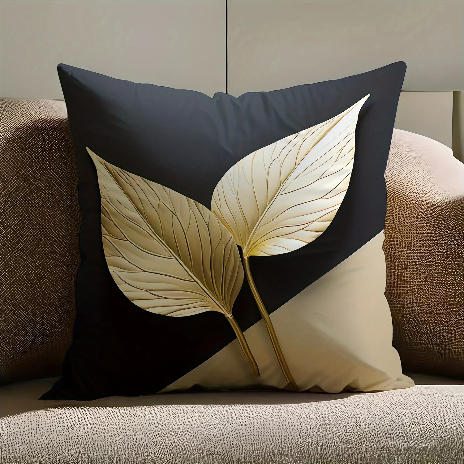 Schwarz-Gold Blattmuster Kissenbezug Moderner Abstrakter Botanischer Druck Dekorativer Kissenbezug für Glamouröses Wohnzimmer Wohndekor