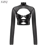 Womens Sheer Mesh PU Patchwork Crop Top Long Sleeve Hollow Out Slim Fit Wet Look Blouse Tops for Club Pole Dance Raves Party