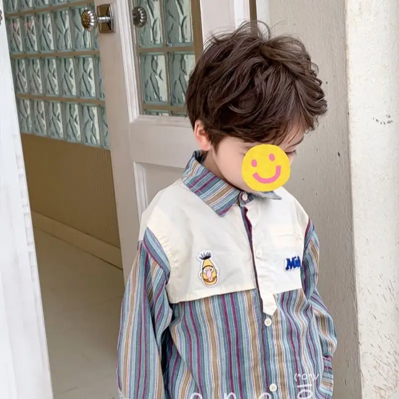 Toddler Boys Spring  Autumn Striped Shirt New Children's Fake Two Piece PATCHWORK Top Baby Summer Shirt Children's Clothing