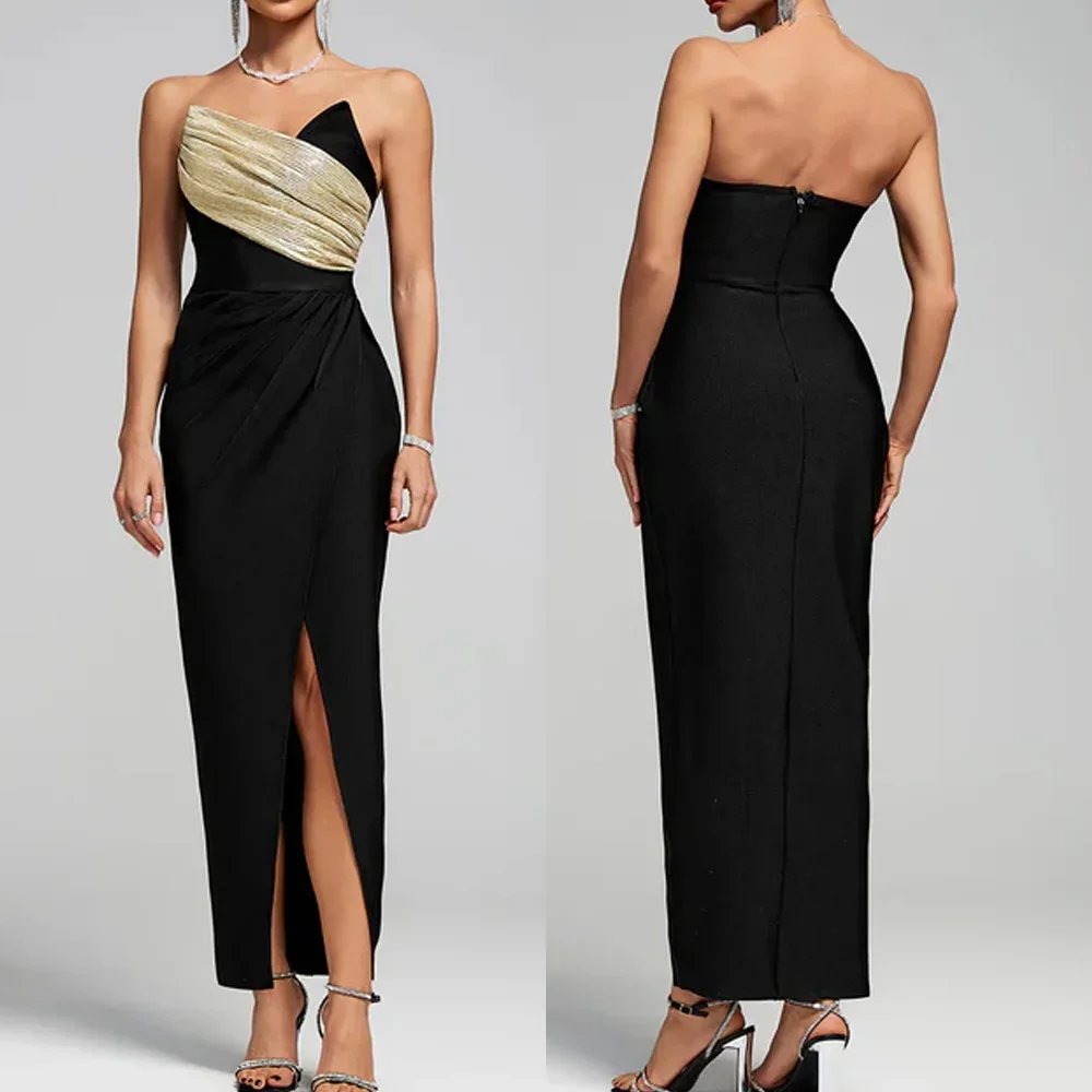 

Customized Strapless Black Pleated Dress A-Line Evening Dresses Formal Modern Exquisite High Quality Prom Party Gowns for Women