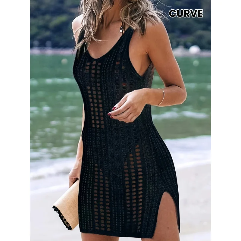 Women V Neck Sleeveless Vertical Hole Crochet Cover Up Dress Side Slit Sheer Bikini Beach Swim Coverup