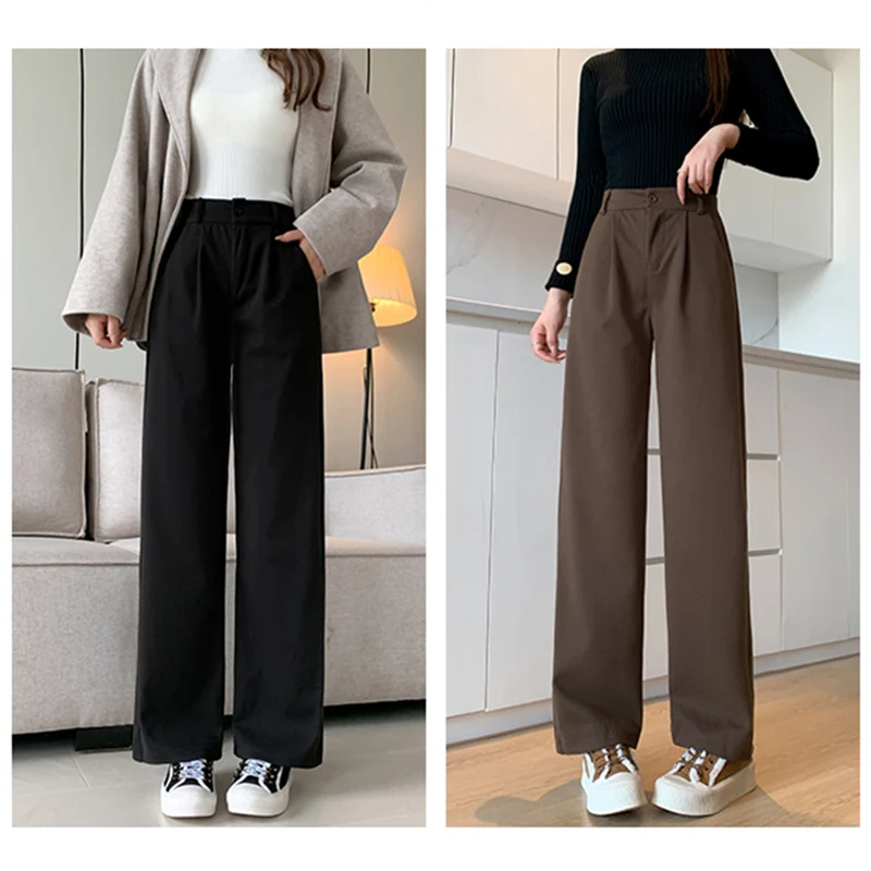 Women Thicken Commute Wide Leg Pants Lady Classic Brown Black Outside Trousers Female High Waisted Solid Color Casual Suit Pants