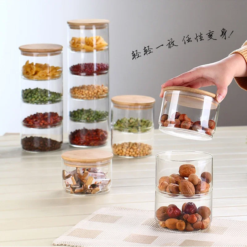 New1200 Ml 3-layer Glass Can Kitchen Food Bulk Container Set for Spice Dry Fruit Storage Tank Salad Bowl Box Mason Jars with Lid