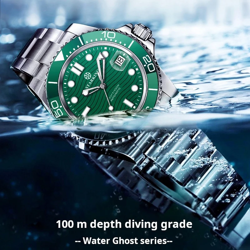 STARKING Brand 100M Diving Sports Mechanical Watch for Men Stainless Steel Waterproof Luminous Calendar Fashion Blue Watches Men