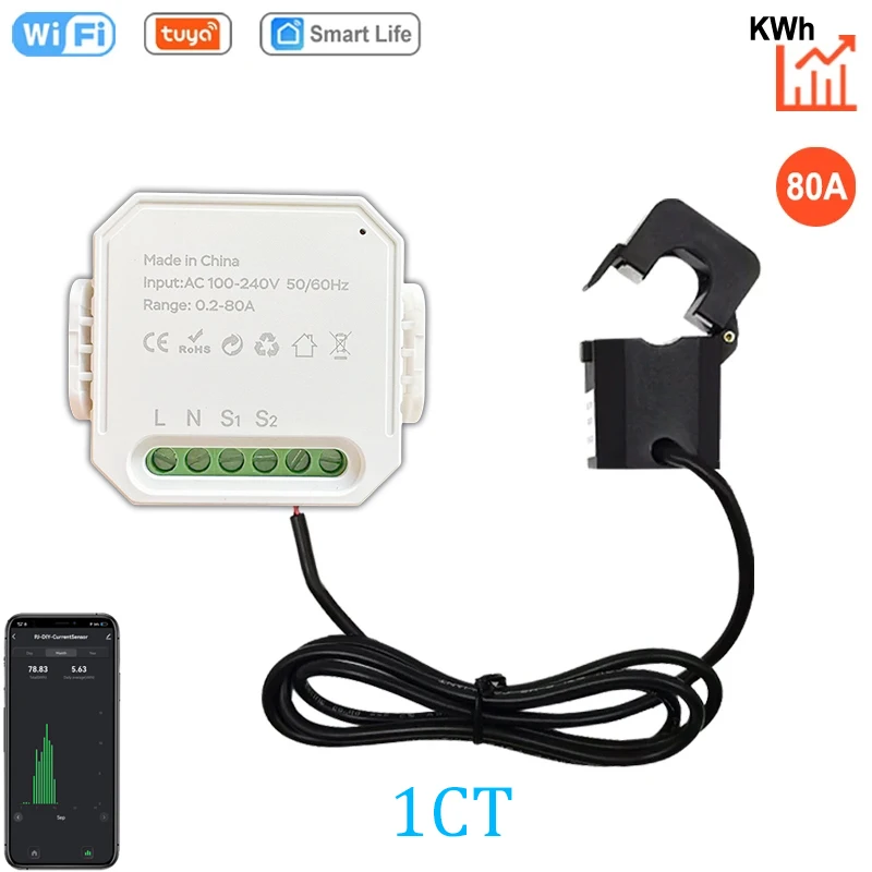 Tuya WIFI مقياس الطاقة الذكي AC100-240V 1CT المشبك App التحكم 80A مراقبة الطاقة إحصاءات الكهرباء 50/60 هرتز الحياة الذكية