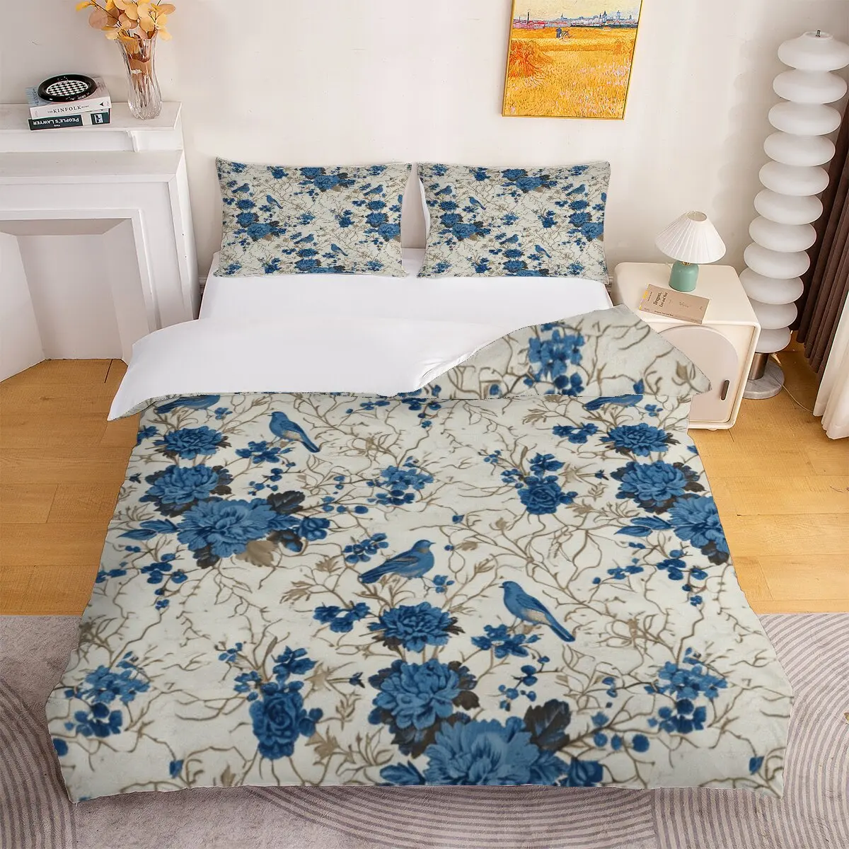 Conjunto de edredom com flores azuis, tamanho extra grande Flores prateadas Tendência moderna de roupa de cama impressa