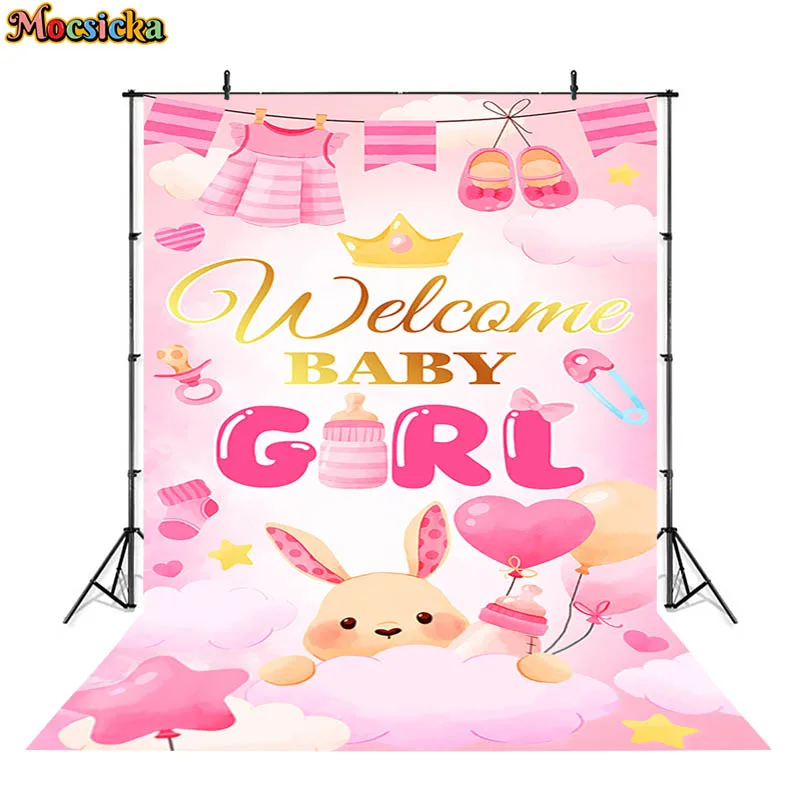 Mocsicka Welcome Baby Girl Boy Backdrop Pink Blue Bunny Shower Gender Reveal Photography Backgrounds Studio Party Props Banner