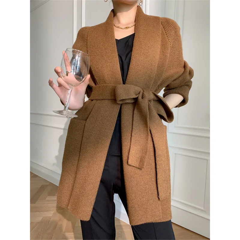 

Женский кардиган, свитер, пальто, вязаная куртка, вязаная верхняя одежда, винтажный трикотаж, офисные женские туфли на шнуровке с карманами, осень-зима 2025