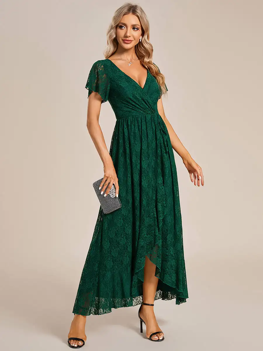 

Elegant Evening Dresses V Neck Short See Through Sleeves Floor length 2025 Ever Pretty of A-Line Dark Green Bridesmaid dress