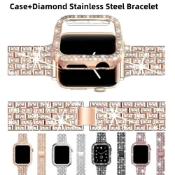 Diamond Strap+Case For Apple Watch Band 40mm 41mm 38 45mm 44mm 42 49mm Stainless Steel Bracelet iWatch Series 9 SE Women Correa