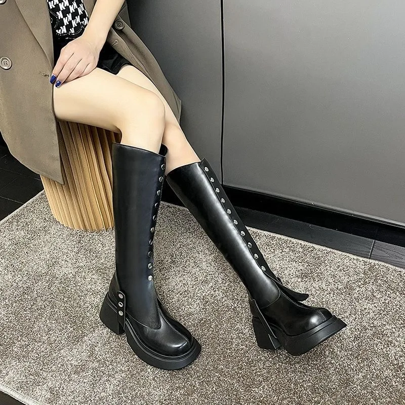 Tacco alto da donna Punta tonda Tacco spesso Stivali alti Stivali da cavaliere Temperamento alla moda Stivali da moto con rialzo Scarpe cosplay