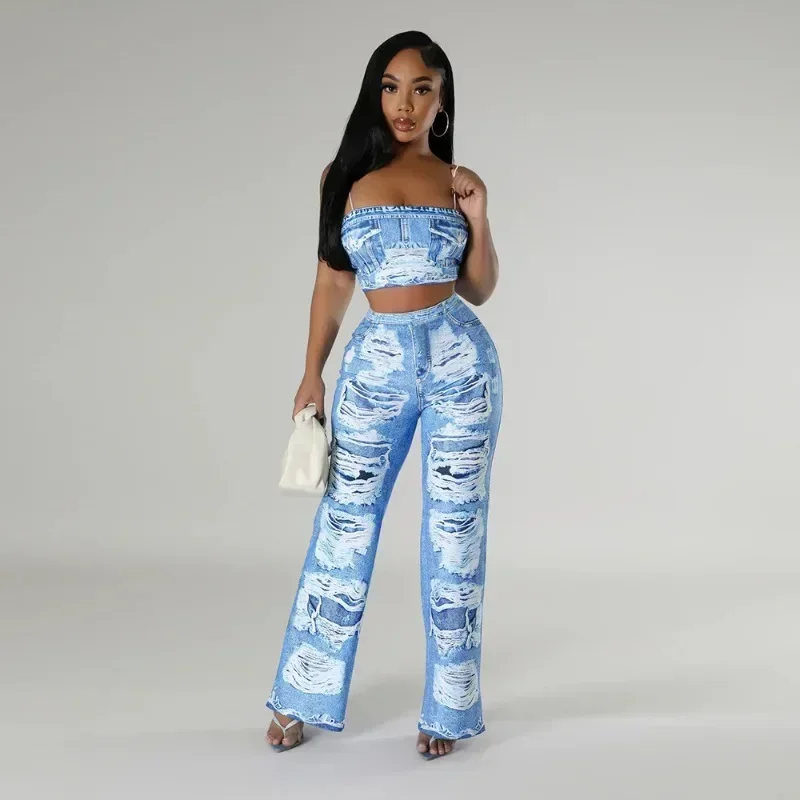 

GUWU модные женские джинсы с принтом, топ на бретелях и брюки, костюмы, сексуальный летний комплект из двух предметов, спортивный костюм