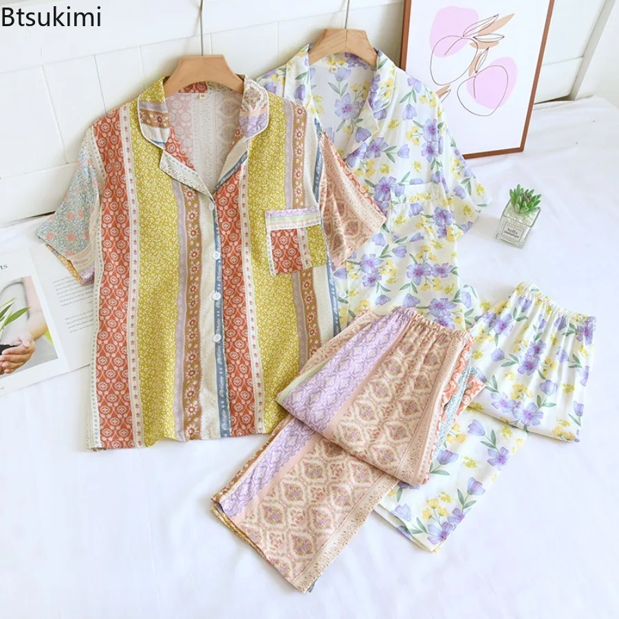 Women's Summer Casual Pajamas Set with Chest Cushion Home Pijima Two-piece Suit for Sleepwear Printed Plus Size Female Pijima