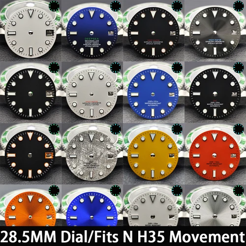 Imagen 1 del producto Esfera luminosa simple/sin calendario de 28,5 MM, Esfera luminosa azul y verde, manecillas GMT aptas para la serie NH H35, accesorios de movimiento de reloj, piezas de reloj