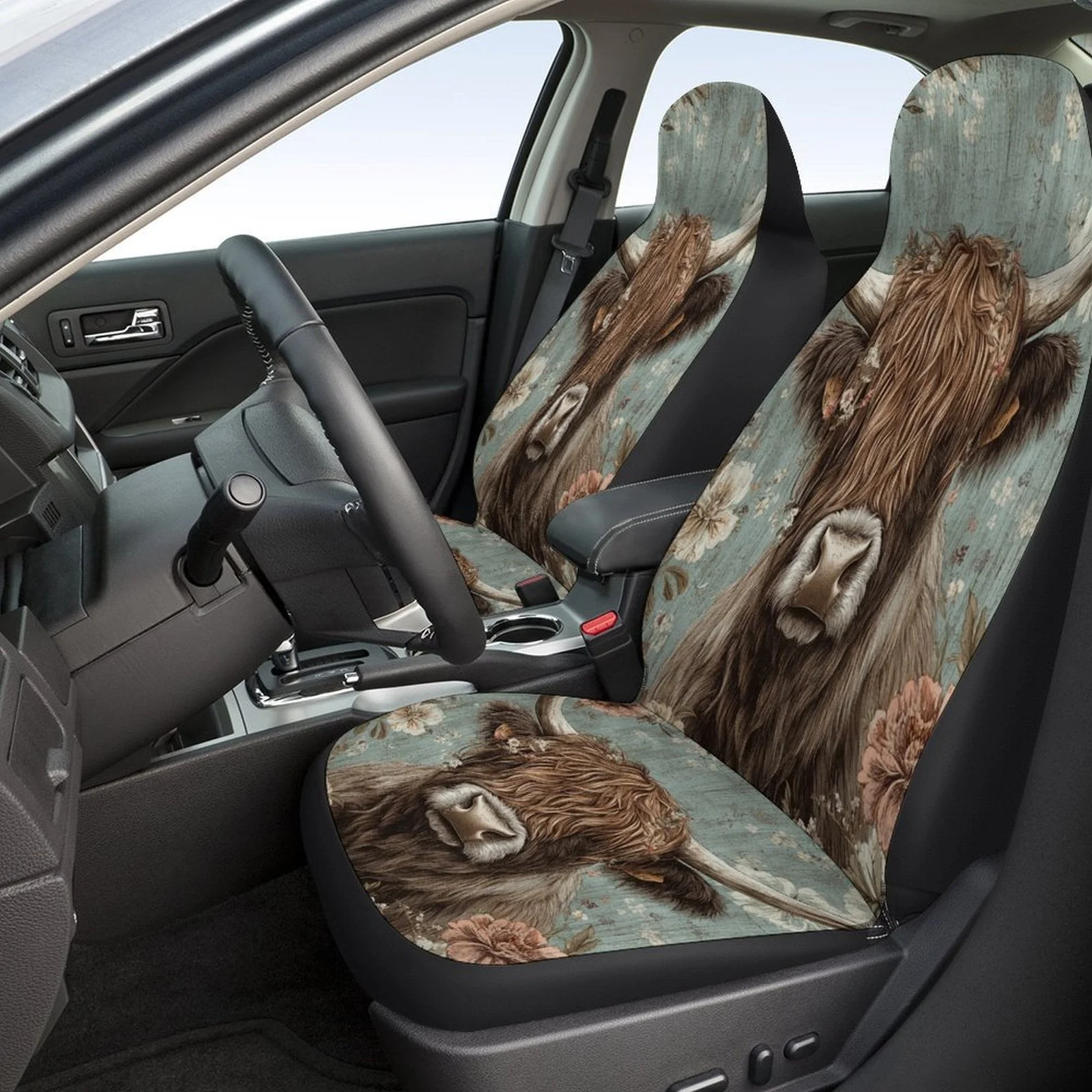Highland Cow Designed Car Seat Cover Set For Most Cars, Fashionable Novelty Car Seat Protector Covers Full Set, Universal Car Se