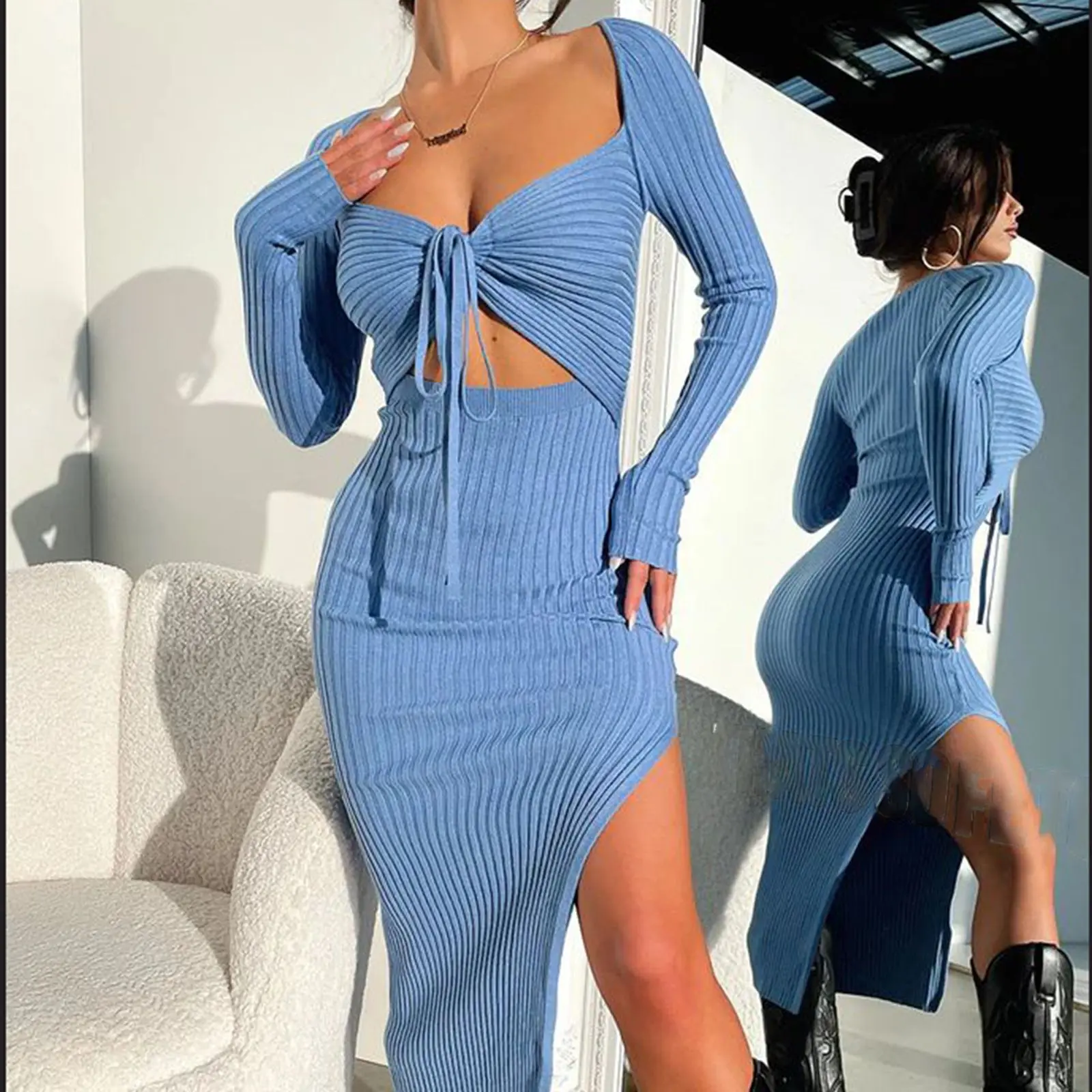 Grenzüberschreitender Damen-Strickpullover, Herbst- und Winterkleid, Taille und dünnes, hochwertiges Langarmkleid
