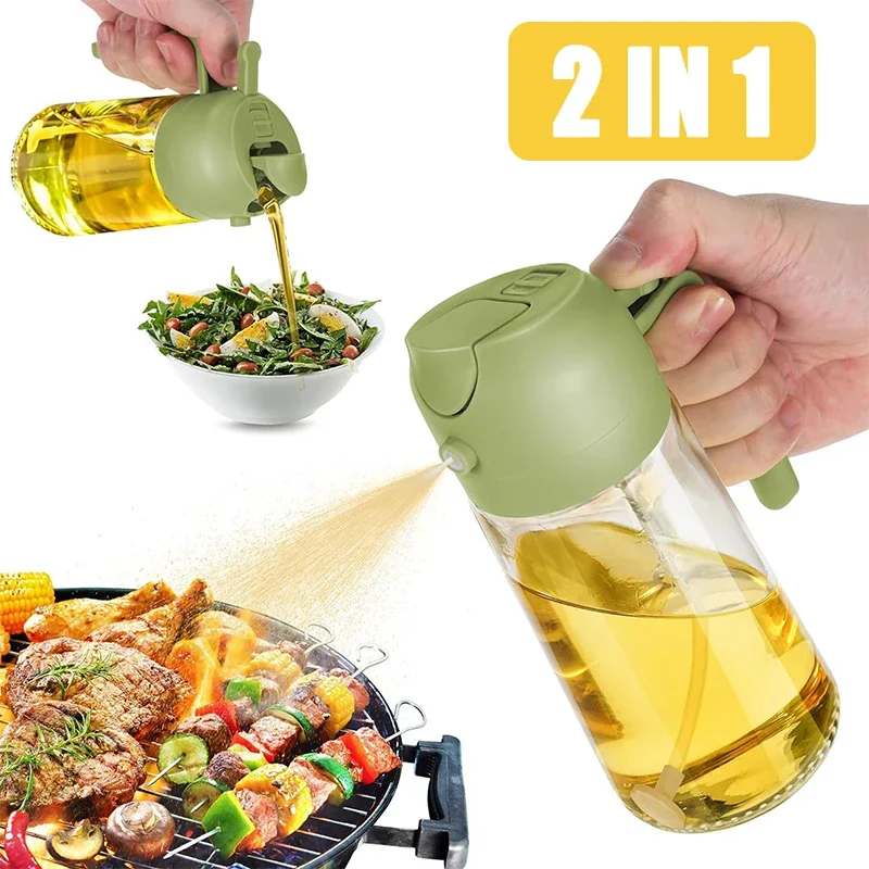 2 in 1 Glass Oil Spray Bottle 470ml Large Capacity Oil Sprayer Sauce Olive Oil Dispenser for Cooking Salads BBQ Grilling Baking