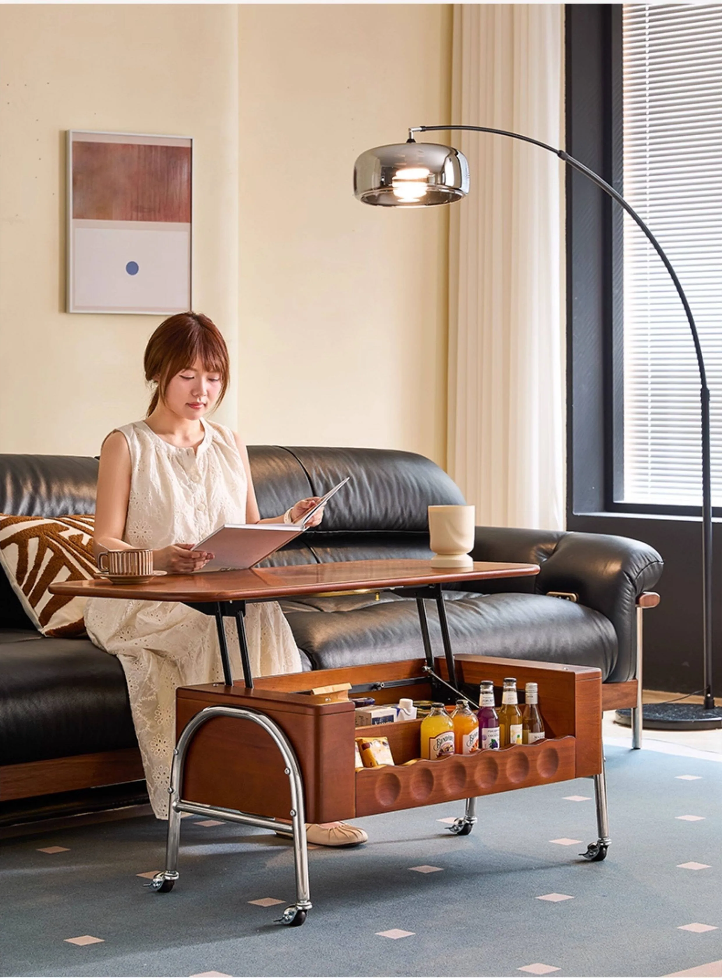 

Журнальный столик в стиле Mid-Century Modern из массива дерева, подъемный, передвижной, с местом для хранения, регулируемый по высоте, для гостиной, дома, столовой, экономия пространства