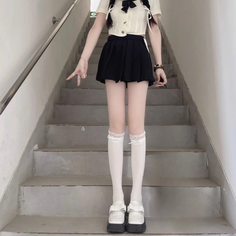 JK Lace Cute White Velvet Lolita Woman Socks Sexy Knee High Socks Kawaii Cosplay Anime Bowknot Nylon Mid calf Stockings Female