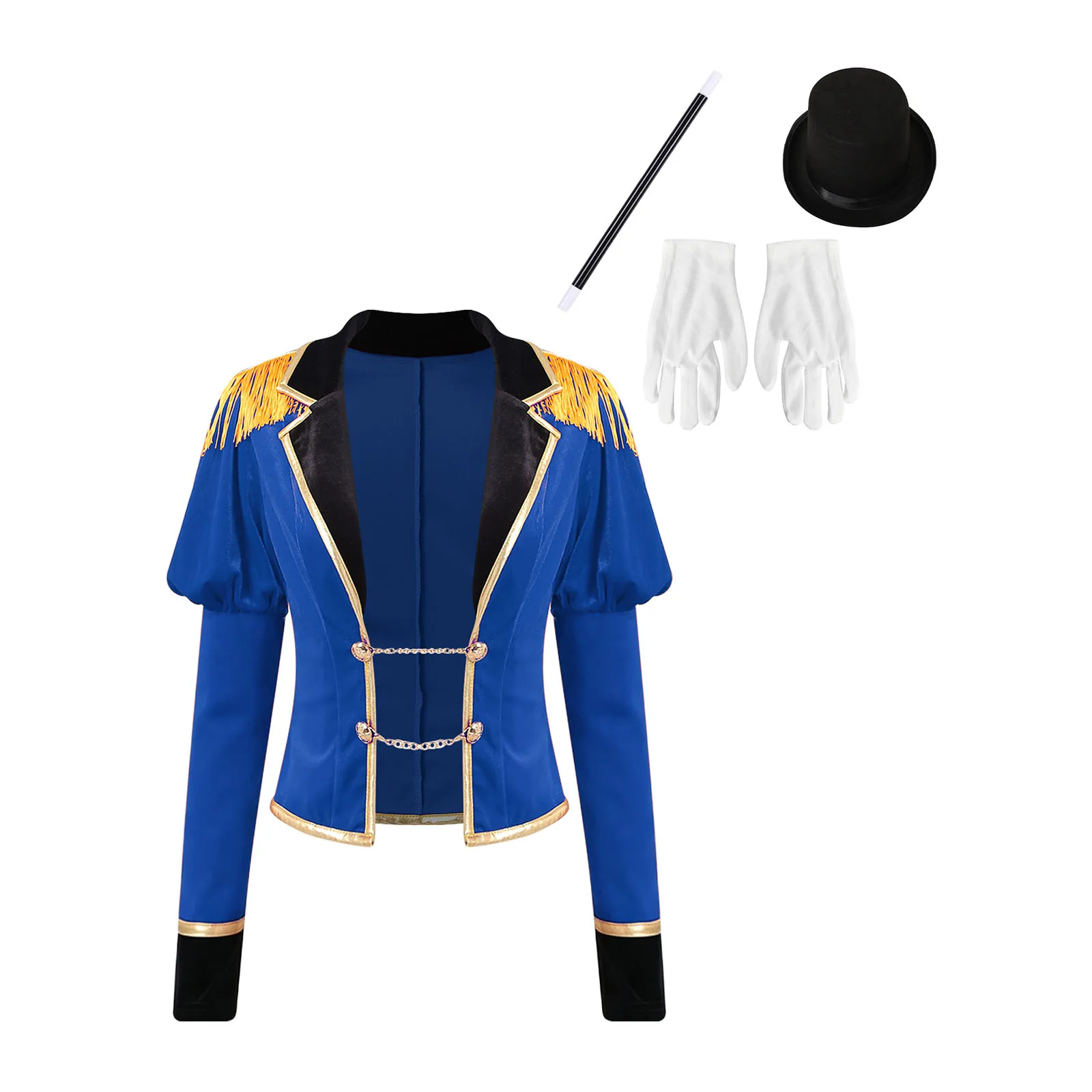 Disfraz de maestra de circo para mujer, disfraz de mago, disfraz de leoncinero para Halloween, chaqueta de manga larga con volantes y sombrero, guantes y varita mágica.