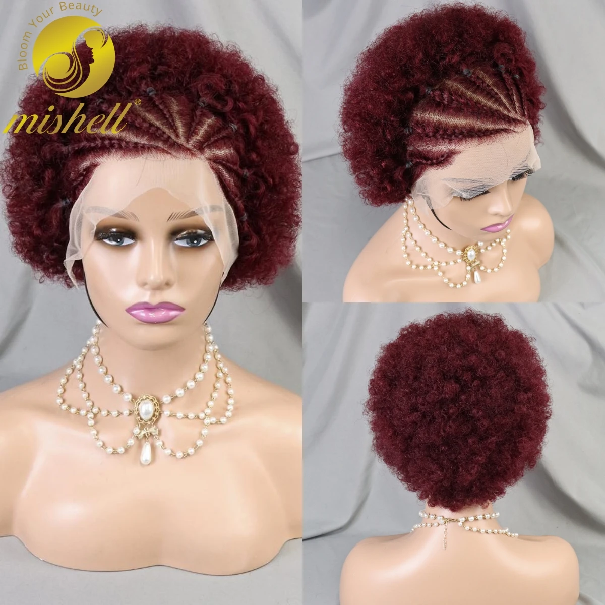 

Afro Kinky Curly 200% Density Burgundy Human Hair Wigs With Braids 13x4 Transparent Lace Bouncy Curly Short Bob Wigs Preplucked