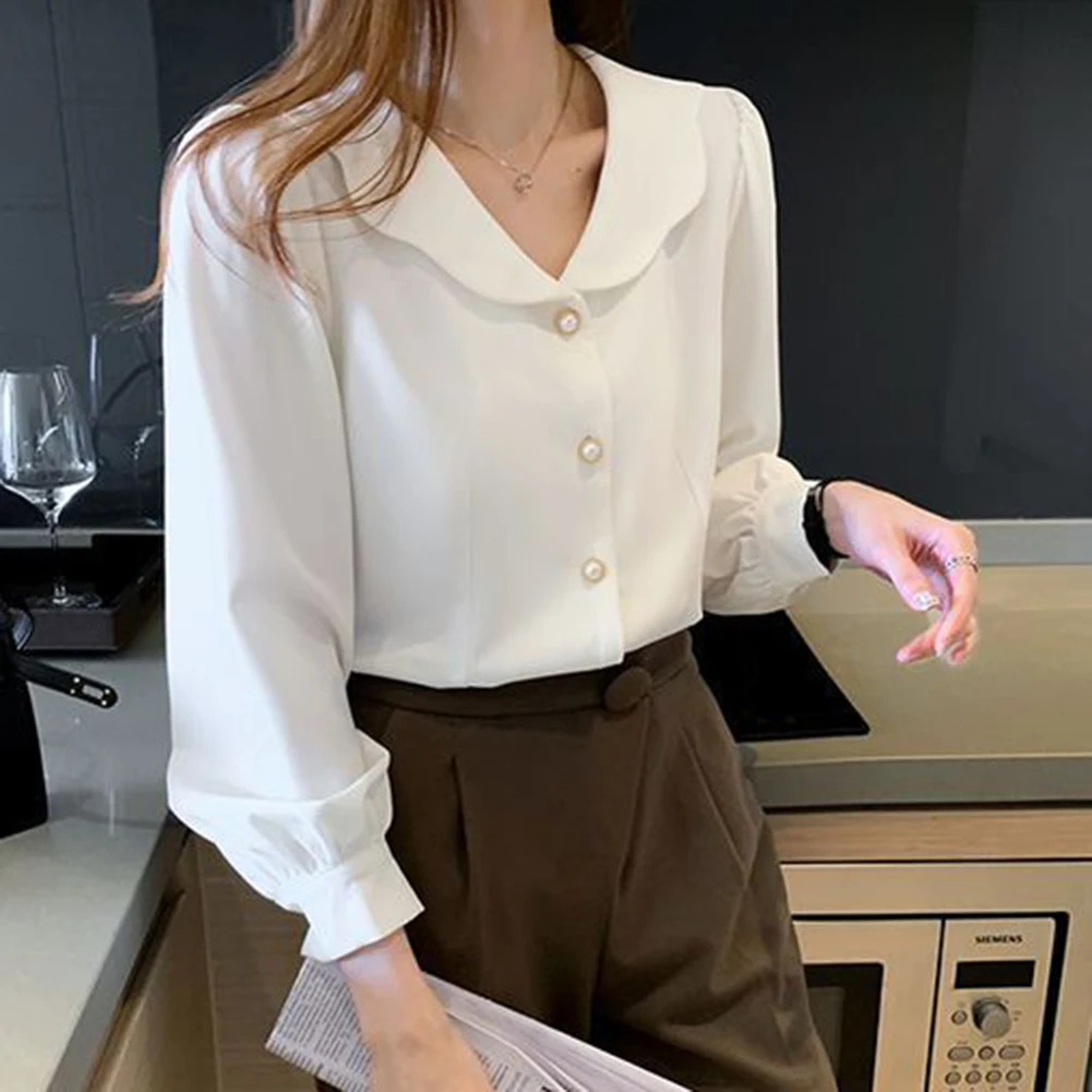 قميص كاجوال بياقة أطفال بيضاء للنزهة قميص نسائي لقضاء عطلة الربيع بلوزة ملابس يومية قميص ينطبق على الإجازة