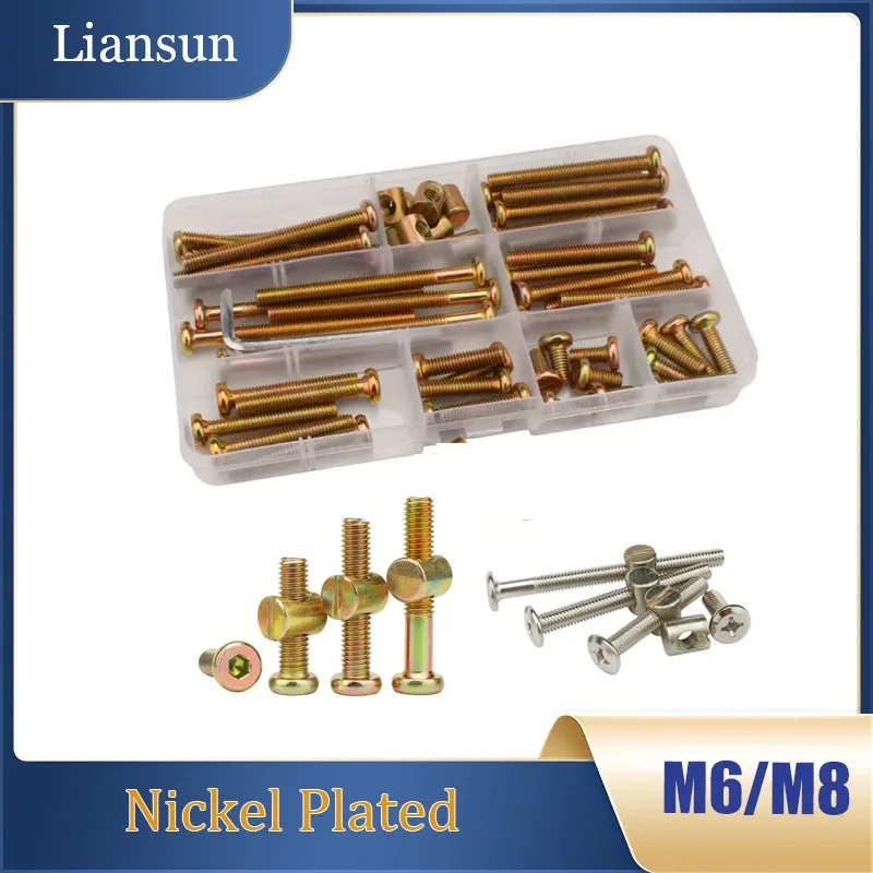 

Набор шестигранных мебельных винтов и гаек (20-58 шт.) M6 M8, болты с прорезями, гайки для дерева, кроватей, стульев, столов, детских кроваток, комплект винтов-ассортимент