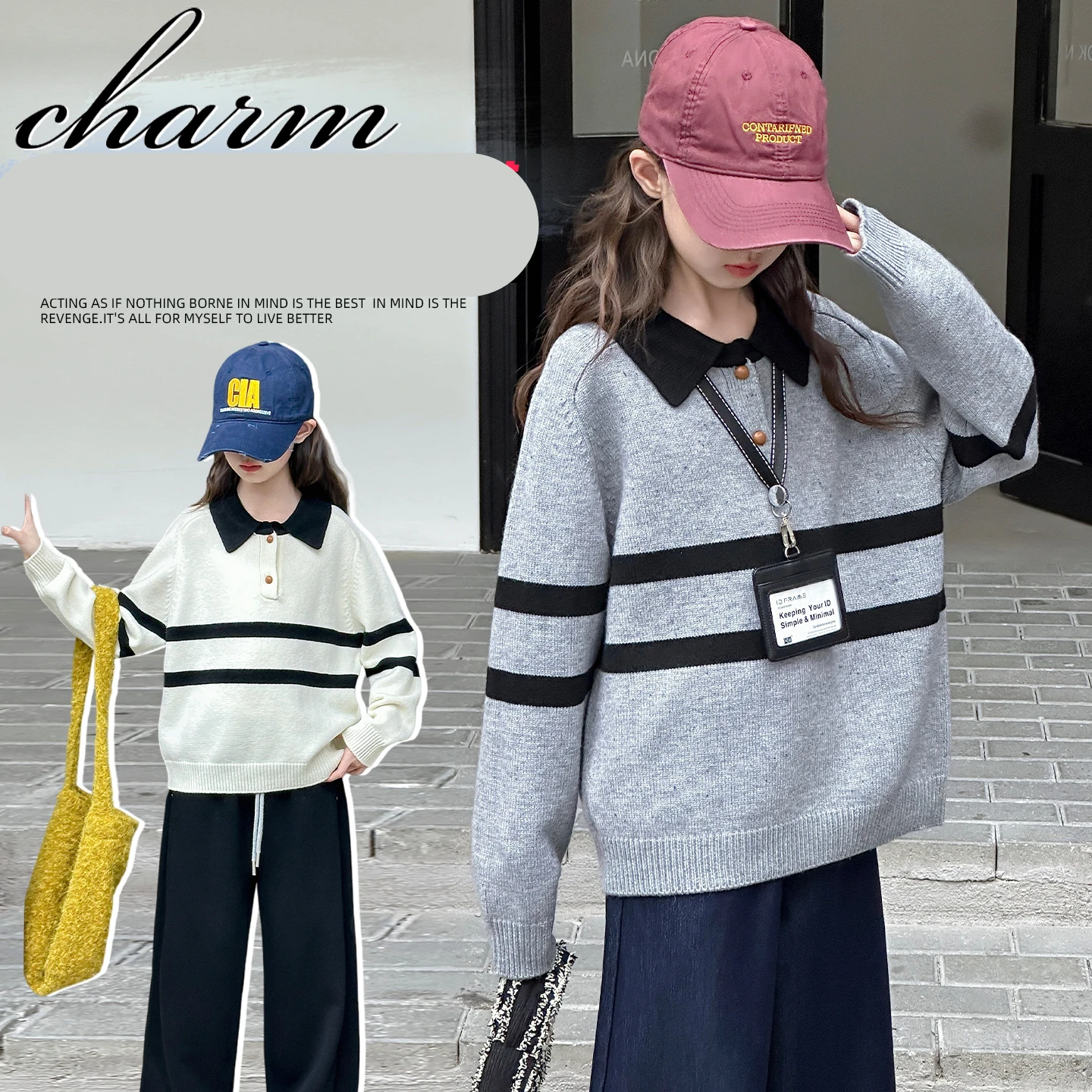 

New Autumn Children Casual Polo Collar Striped Sweater for Tweens Girls Beige Grey Color Knitwear Kids Fashion Knitted Clothing