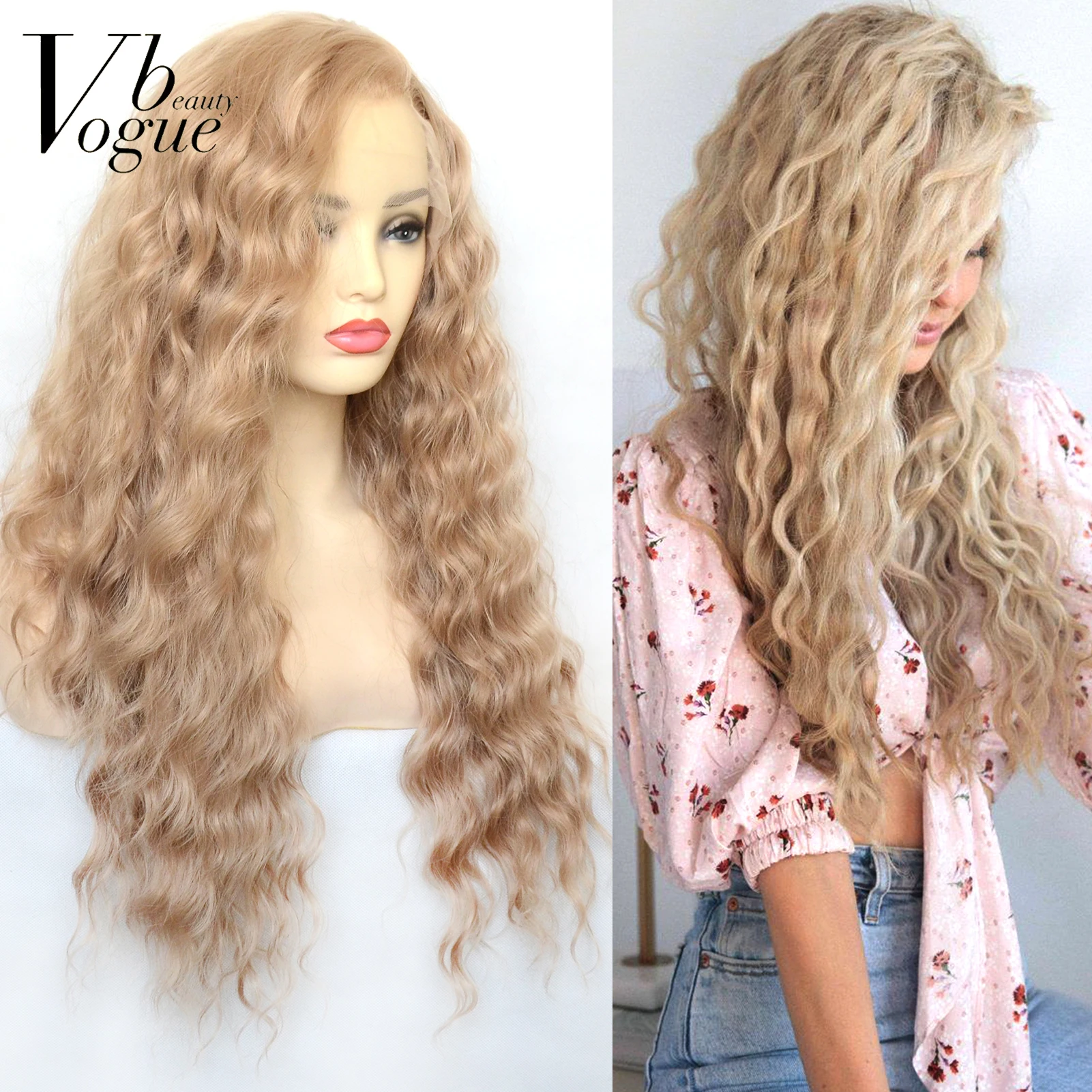 Voguebeauty Honey Blonde Synthetic Lace Front Side Part Curly Wigs Heat Resistant Fiber Natural Hairline Cosplay For Women