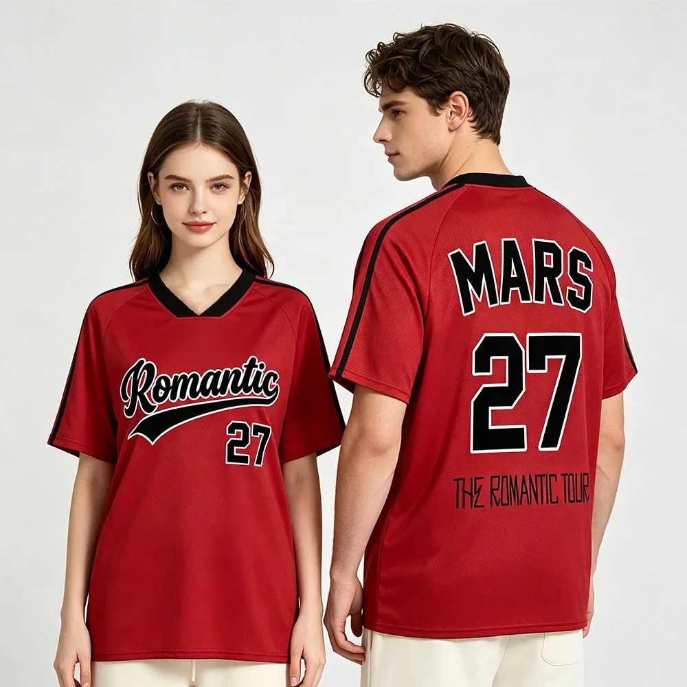 Bruno Mars The Romantic Tour Football Tee Unisex V‑Neck Mesh Sport Jersey Short Sleeve Graphic Print Merch T-shirt Men Women Top